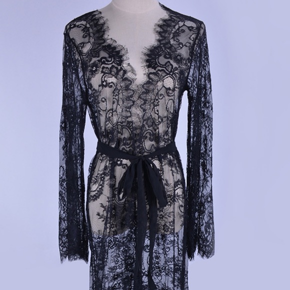 LONG SLEEVE LACE MAXI KIMONO COVERUP CARDIGAN BLK - Picture 7 of 9
